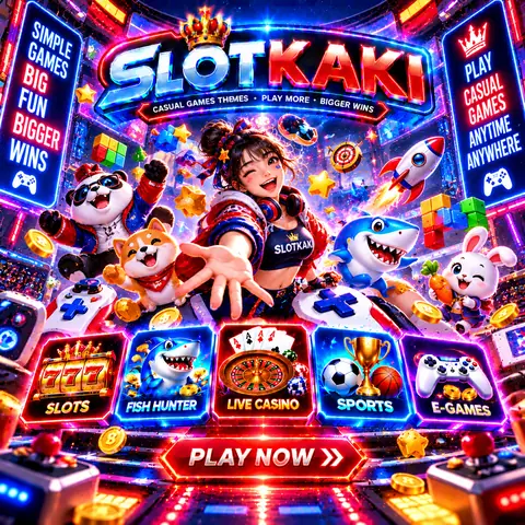 SLOTKAKI casual games – banner neon blue: cute mascots and toys