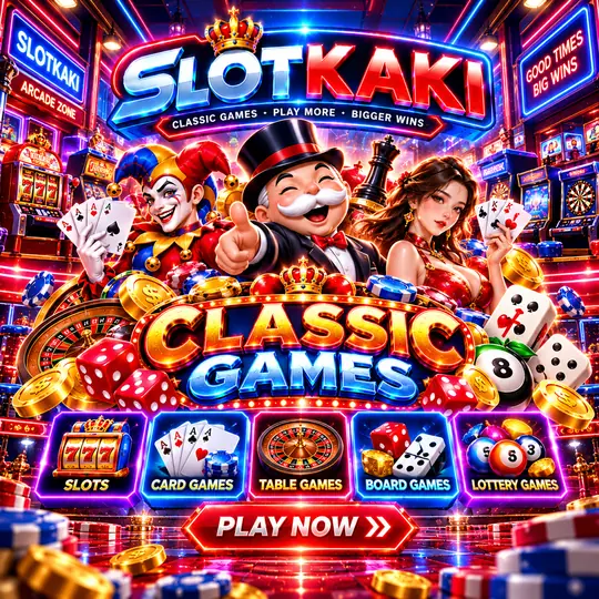 SLOTKAKI classic games theme – banner neon blue: cards, dice and a roulette wheel