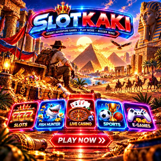 SLOTKAKI desert theme – banner neon blue: pyramids and a camel caravan