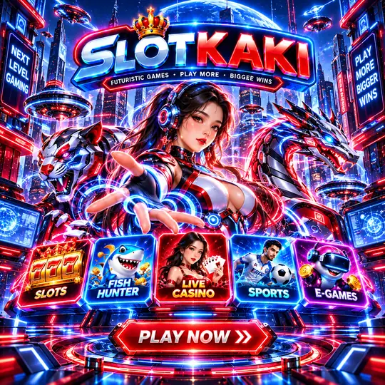 SLOTKAKI futuristic theme – banner neon blue: neon city of the future