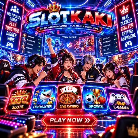 SLOTKAKI multiplayer games – banner neon blue: teams of players competing
