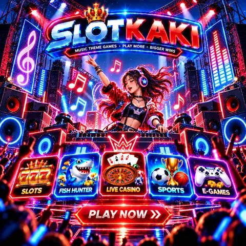 SLOTKAKI music theme – banner neon blue: DJ and music notes