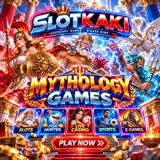 SLOTKAKI mythology theme – banner neon blue: gods and legendary creatures