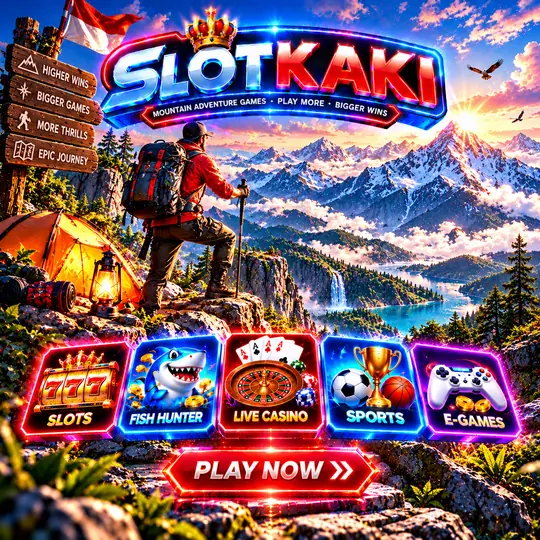 SLOTKAKI tema gunung – banner biru neon: pendaki dan puncak bersalji