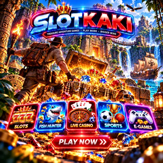SLOTKAKI tema harta karun – banner biru neon: peti harta dan kapal layar