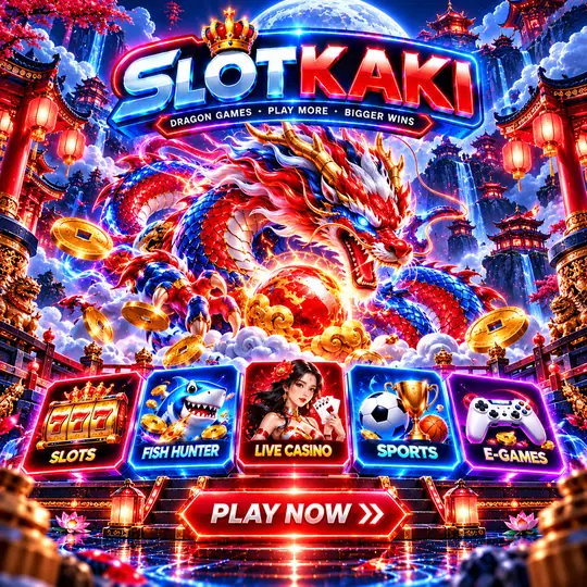 SLOTKAKI tema naga – banner biru neon: naga merah berapi