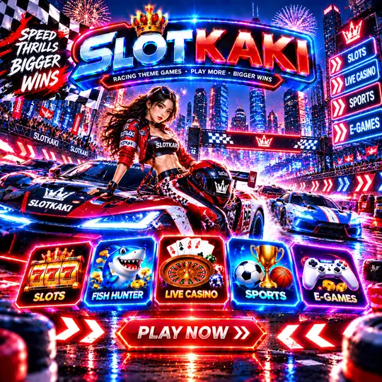 SLOTKAKI tema perlumbaan – banner biru neon: kereta lumba dan bendera penamat