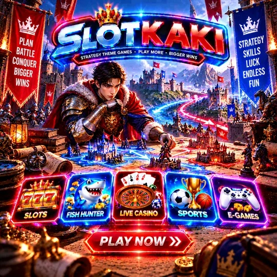 SLOTKAKI tema strategi – banner biru neon: peta perang dan kubu