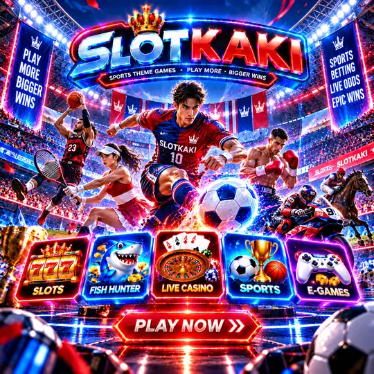 SLOTKAKI tema sukan – banner biru neon: pemain bola sepak dan stadium